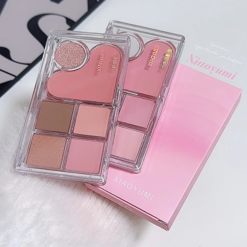 Bandeja de sombra de ojos integrada de luz y sombra, maquillaje rosa tierno con perla mate, sombra de ojos de seis colores estilo puro deseo