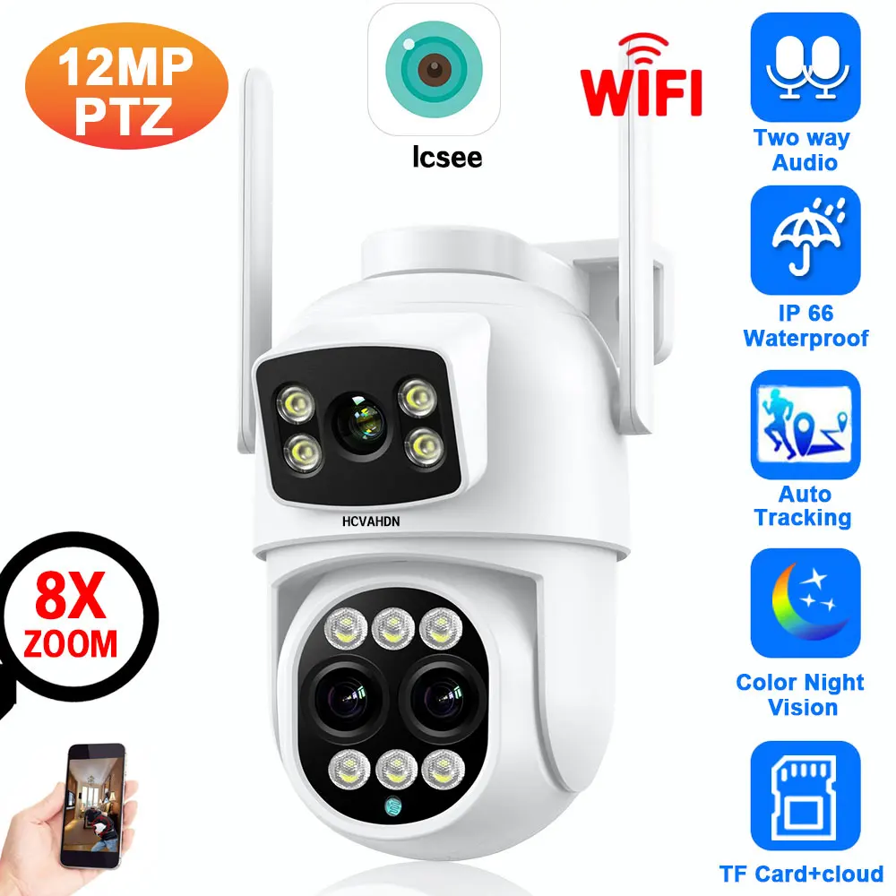 

12MP Three Lens WIFI IP Camera 8X Zoom 4K HD Dual Screen PTZ Camera Auto Tracking Security CCTV Camera Video Surveillance iCSee