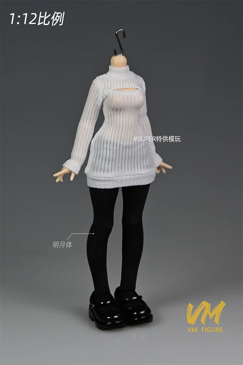 Robe pull tricotée pour femme, échelle 1/12, chemise, collants noirs, chaussures, vêtements, modèle adapté à 6 pouces, figurine de soldat BJD, poupées corporelles