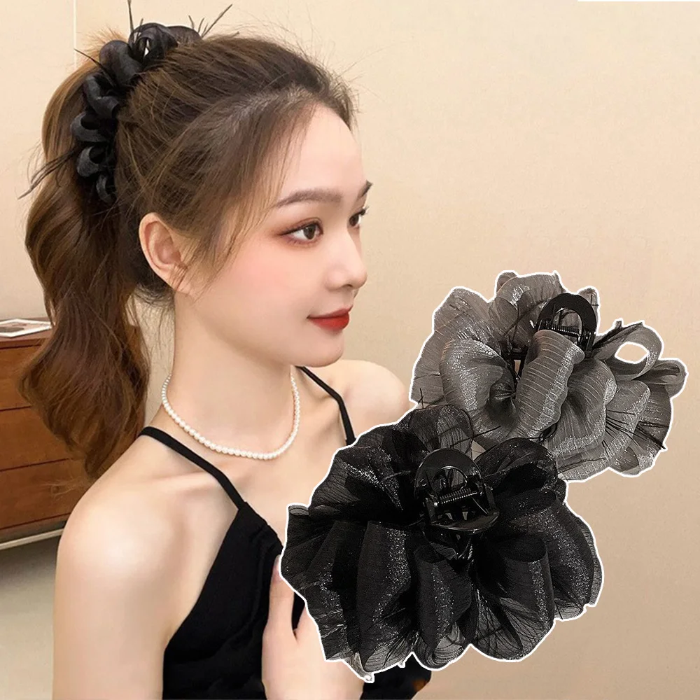 Female Sweet Shark Clip Large Hairpins Women Elegant Bow Knot Hair Clamps Girls Black Big Hair Claw Clips Princess Headdress