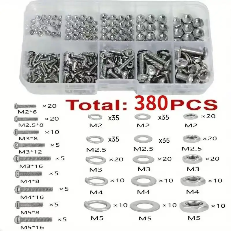 Hex Nuts Bolt Set 380 120 Piece Durable M2 M5 Metric Size Universal Hardware Kit DIY Repair Tool