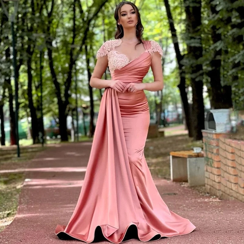 Elagant Coral Pregnant Evening Gowns Lace Cap Sleeves Mermaid Morocco Formal Long Prom Dresses Satin Party Bridesmaid Dress