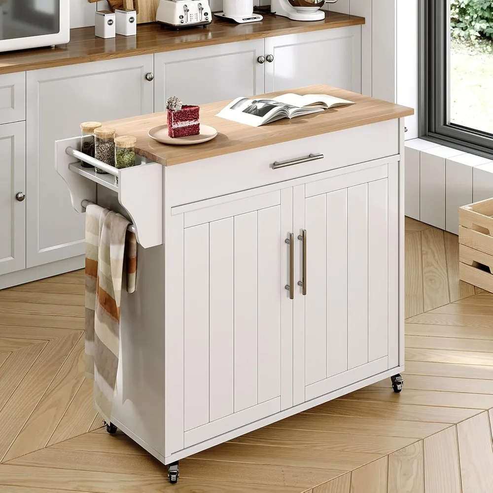 

Kitchen Island with Storage, Wooden Countertop Rolling Kitchen Island On Wheels Storage Cabinet, Mobile Kitchen Island Cart with