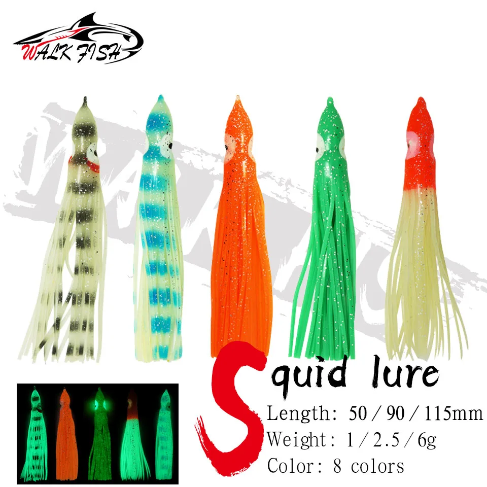 WALK FISH 5PCS Luminous Squid Skirts Soft Lure 5cm 9cm 115cm Artificial Bait Lures Squid Octopus Wobblers Sailfish Marlin Baits