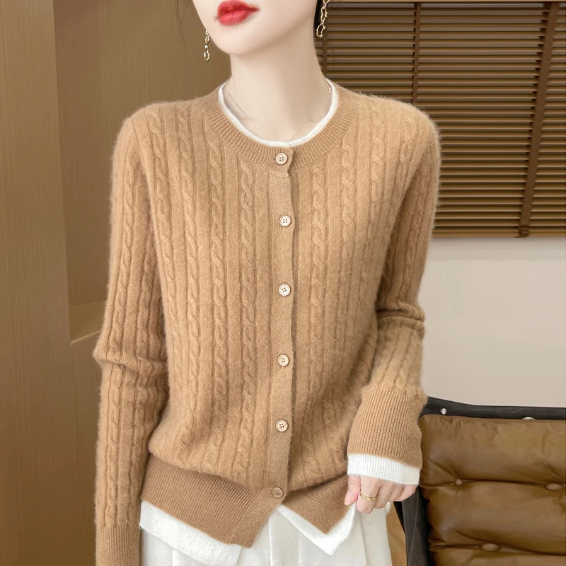 100% Merino Wool Knitted Cardigan Round Neck Color Blocked Fashionable Long Sleeve Elegant Warm Autumn/Winter Jacket Sweater Top