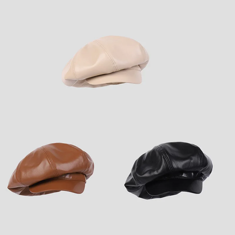 Autumn Female PU Leather Octagonal Hats Personality Casual Vintage Newsboy Hats Oversized Men Artist Cabbie Cap Beret