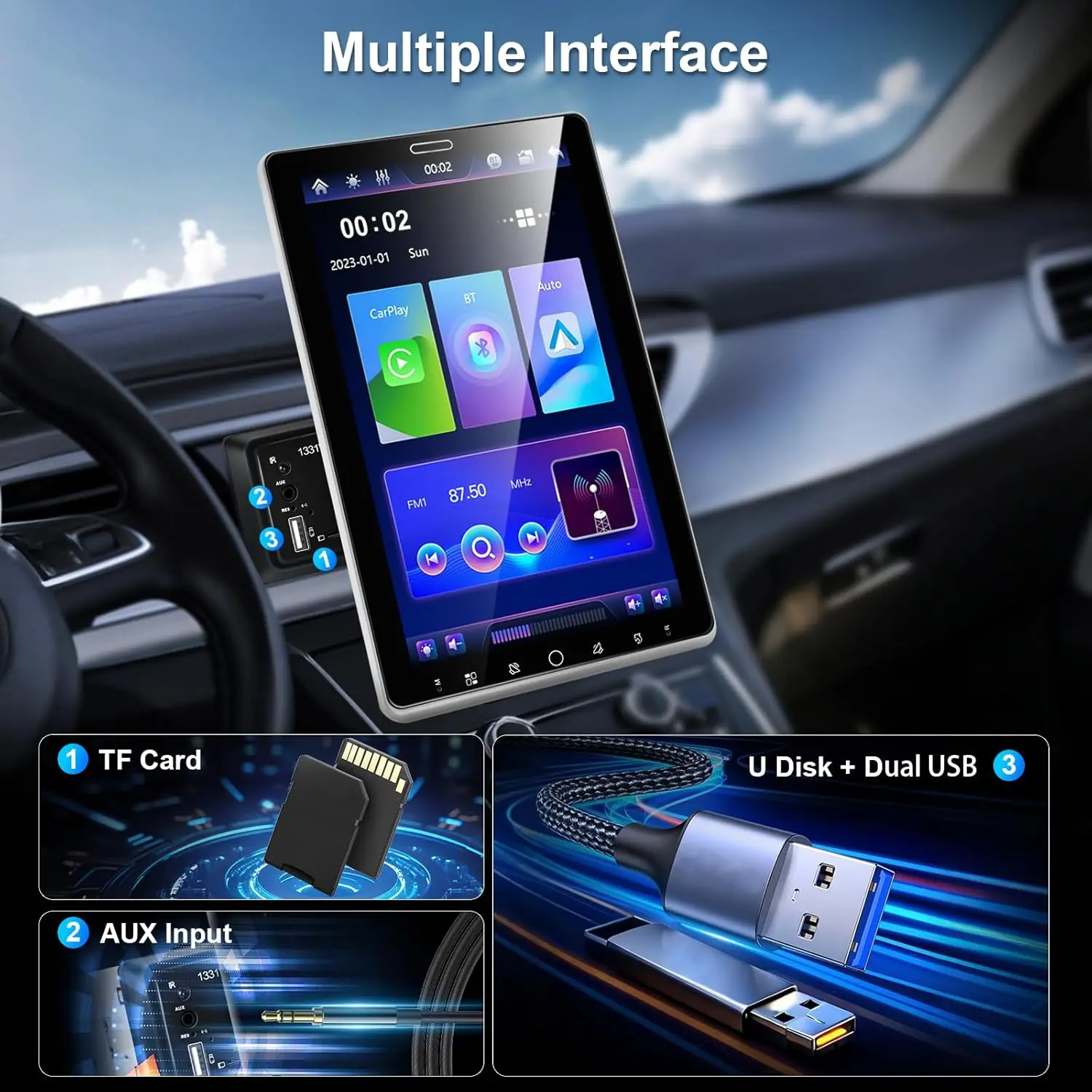 10.1인치 수직 회전형 카 스테레오 (무선 카플레이 & 안드로이드 오토, 블루투스, GPS, FM/RDS, USB/AUX, 후방 카메라 포함)