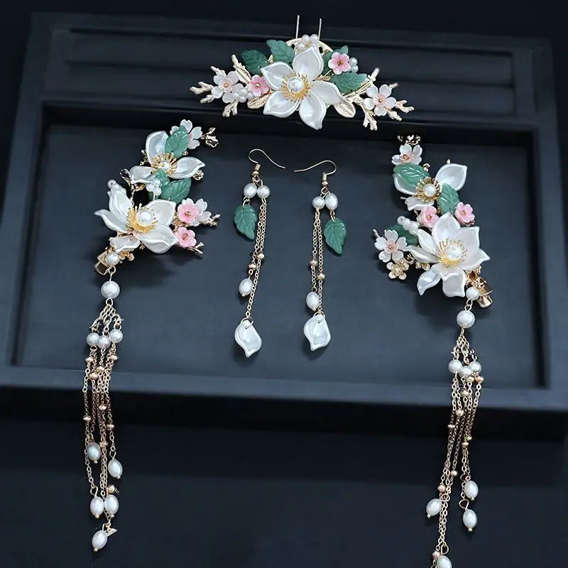 Weibliche Chinesische Stil Hanfu Haar Zubehör für Frauen Mädchen Neue Kopfbedeckungen Quasten Perlen Blumen Haar Clip Kopfschmuck 5 Teile/satz – Detail 2