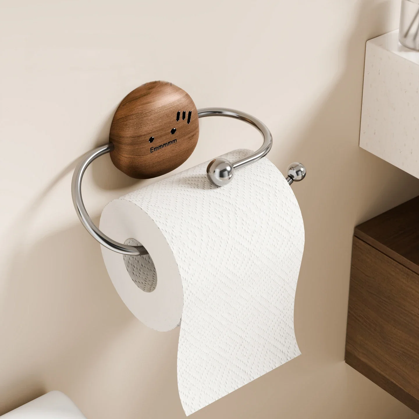 HeMu No Drill Wall Mount Tissue Roll Holder, Solid Walnut Wood & Rustproof Stainless Steel Toilet Paper Rack for Bathroom Vanity