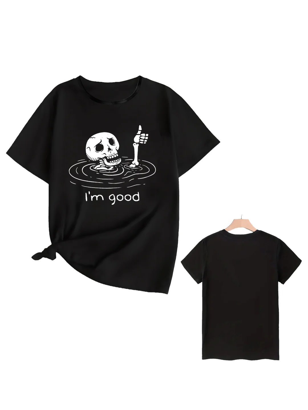 

Plus - Size Women's Black Short - Sleeve T - shirt, Skull & “I'm Good” Print, Edgy & Humorous