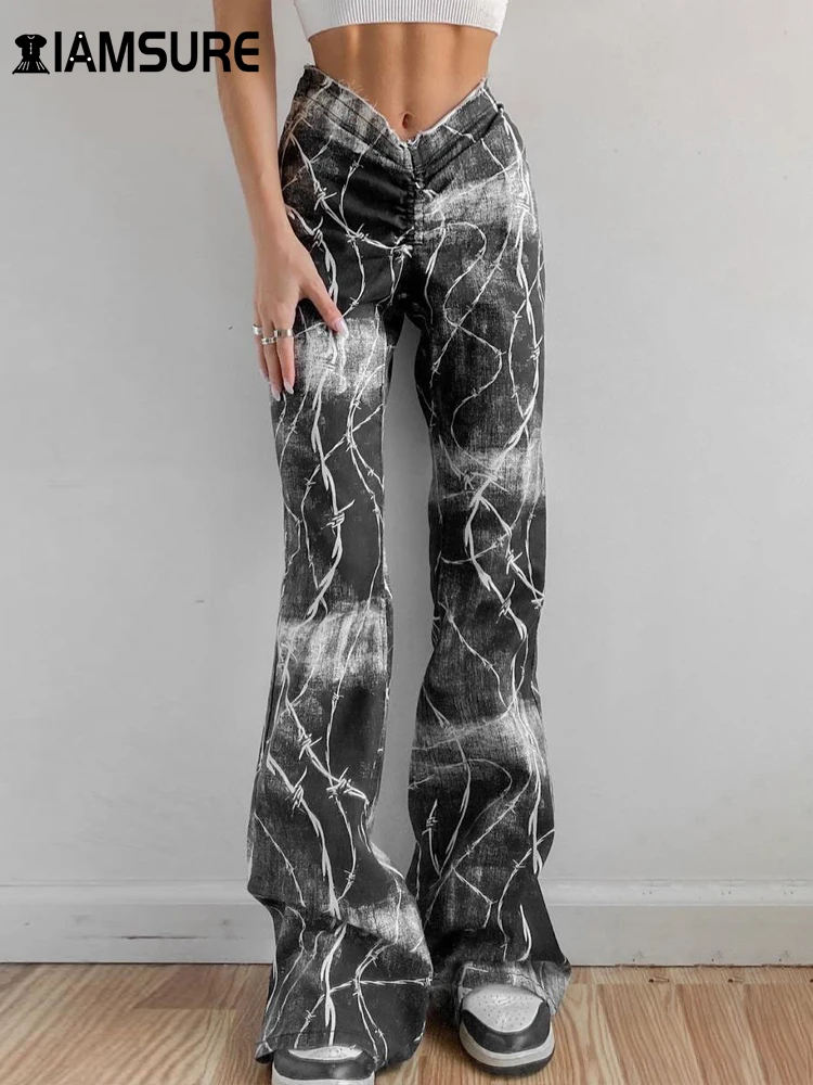 

IAMSURE Casual Tie Dye Printed Flare Pants Loose Mid-Waisted Wide Leg Pants Women 2024 Autumn Spring Fashion Streetwear Ladies