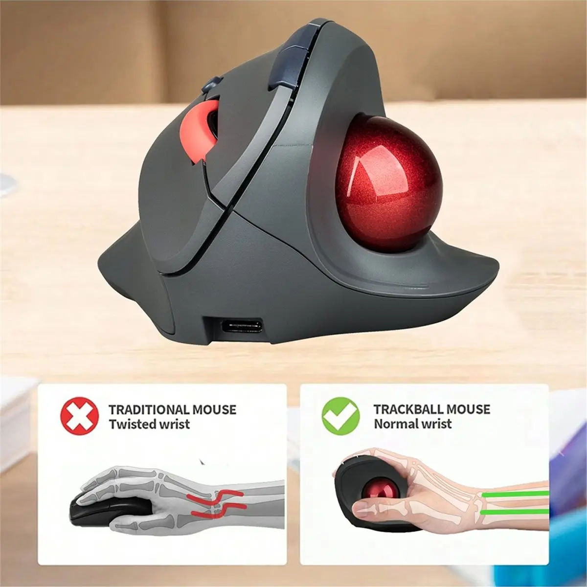 Wireless Trackball Mouse Vertical Rechargeable Rollerball Mouse Ergonomic Slient Clikc Gaming Mouse