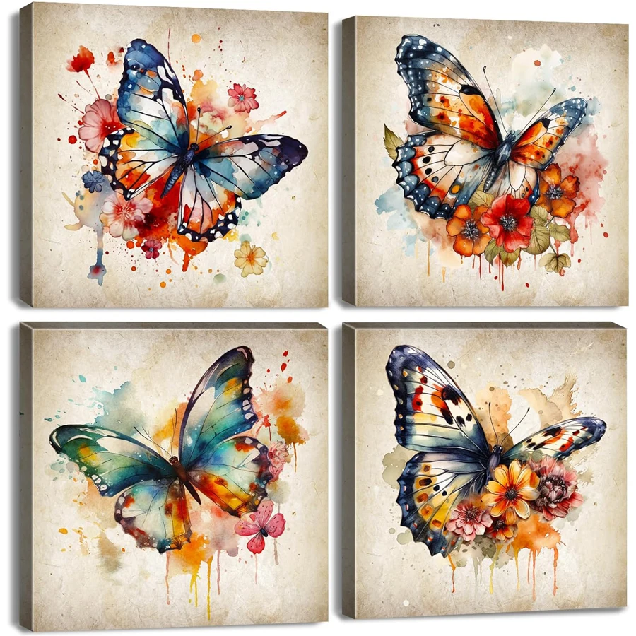 5D diamond painting cross stitch Colorful Butterfly mosaic Girl Bedroom Decoration Watercolor Butterfly 4pcs embroidery Wall Art