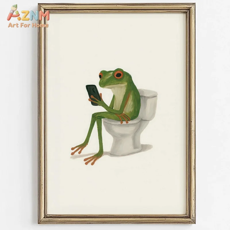AZNM Funny Cute Animal Bathroom Canvas Wall Art Duck Raccoon Frog Flamingo Bath Toilet Humor Print Unframed Canvas Painting For