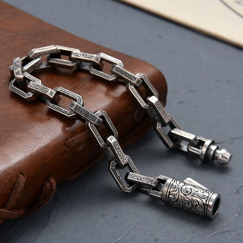 Handmade Chain Crack Print Bracelet For Men Personality High Quality Silver Plated Horseshoe Buckles Bracelet Vintage Jewelry