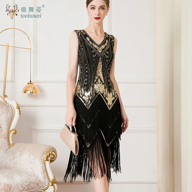 ギャツビー カクテル プロム ヴィンテージ スパンコール ビーズ ドレス パーティー ダンス ドレス セクシーな女性 1920 年代 ノースリーブ V ネック 二重層タッセル ドレス