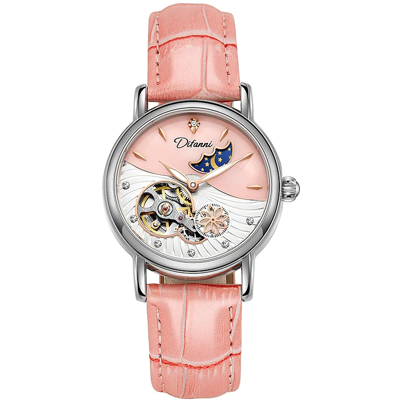 Women's Leather Strap Sun Moon Mechanical Watch with Automatic Multifunction Waterproof Pin Buckle Wristwatch