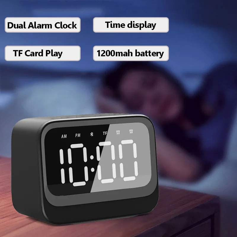 Mini alto-falante portátil Bluetooth, despertador duplo, barra de som sem fio, display LED grande, leitor de música, suporte TF Card Play