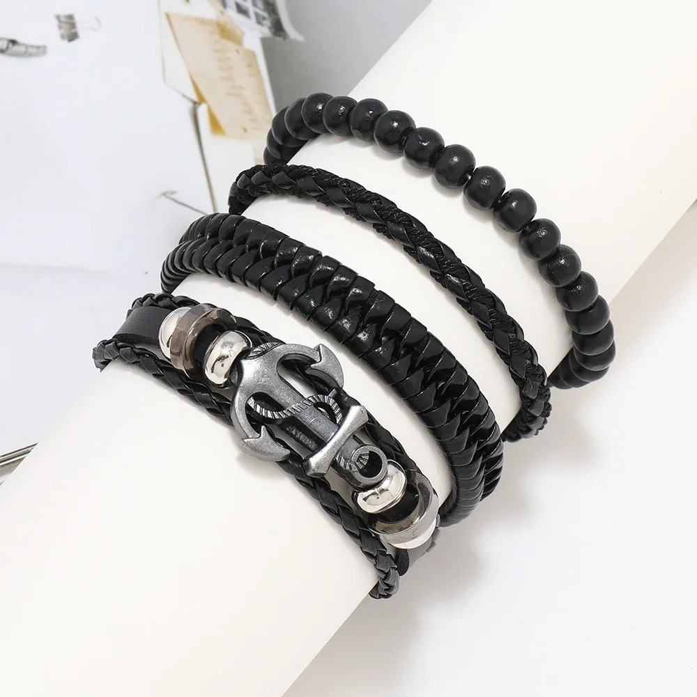 Leather Bracelet For Men Simple Marine Adventure Spirit Bracelets, Hand-Woven Leather Bracelets Rudder Alloy