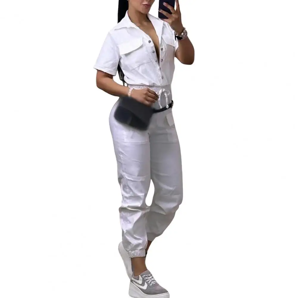 2024 Women's Cargo Jumpsuit Turn-down Collar Slim with Multi Pockets Elastic Waist clothing trend 2024