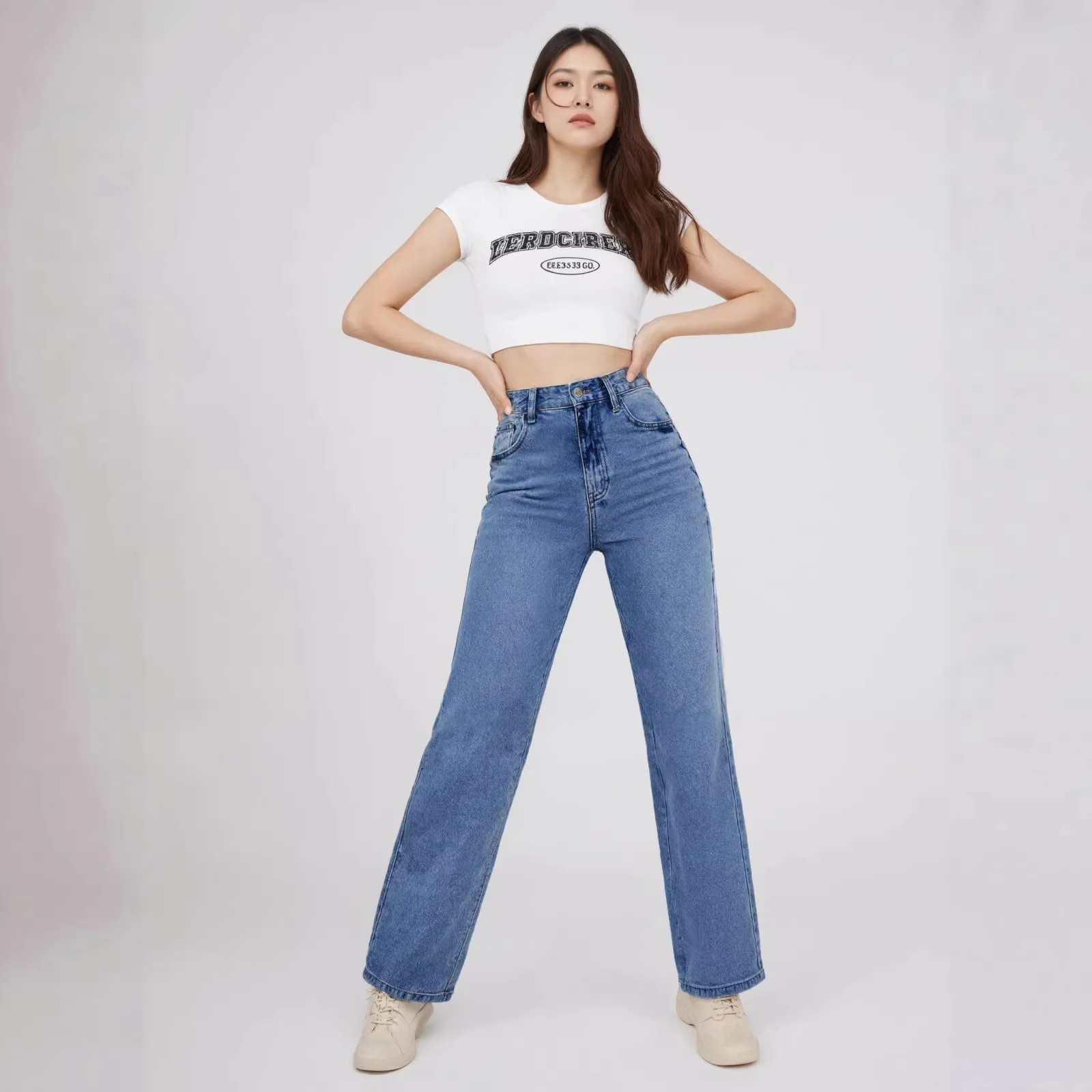 2026 Spring New Cross border Elastic Jeans Women's Loose High Waist Straight Leg Pants Women's Casual Versatile Wide Leg Pants