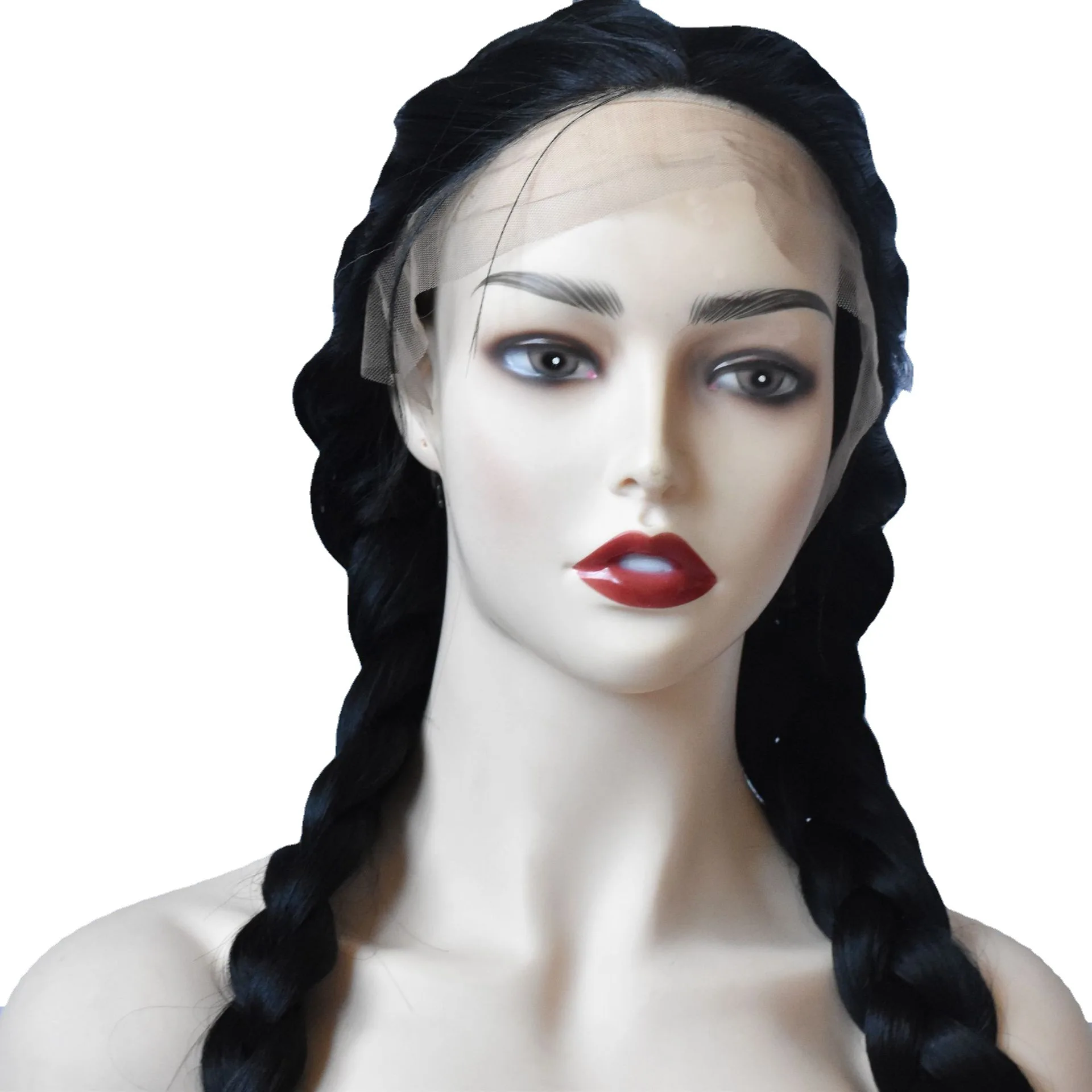 Moda peruca tendência para senhoras ligeiramente ondulado frente renda tranças duplas longo cabelo reto trançado frente renda tranças duplas