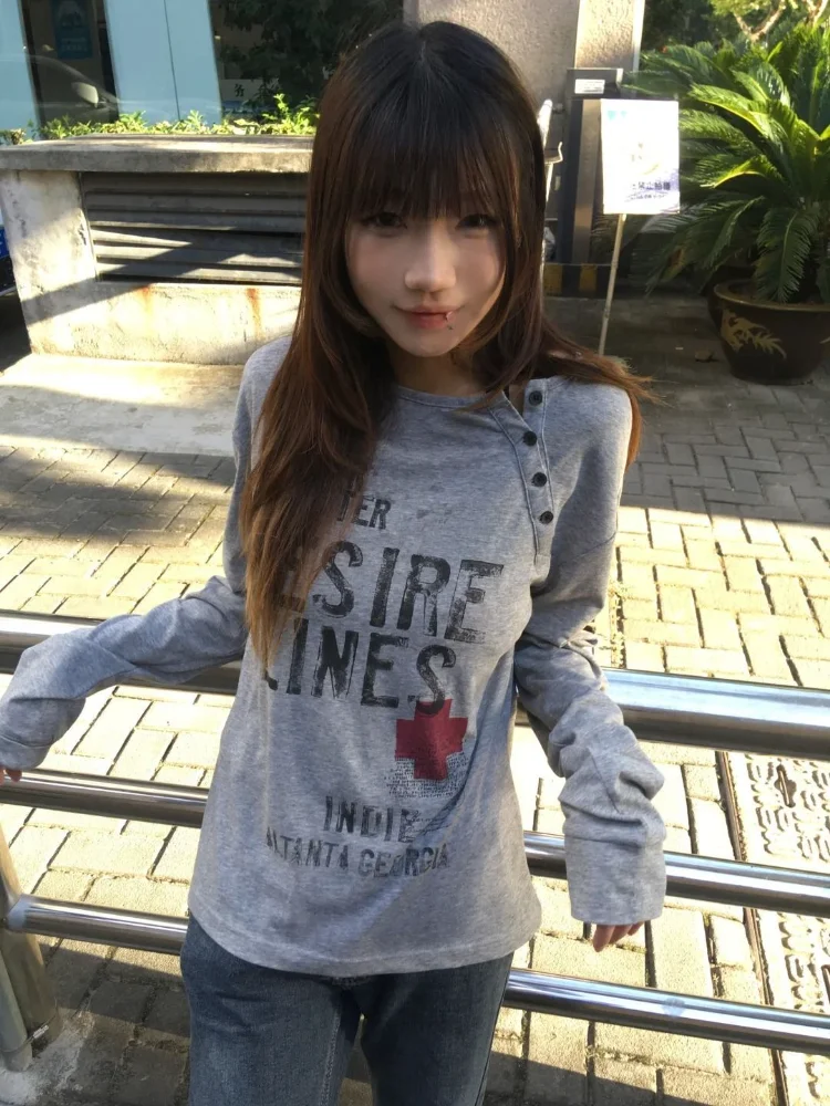 Personalized American Vintage Long Sleeve Tops Print Fairycore Y2k Goth Undershirt Slim Minority All-match New Ropa Mujer