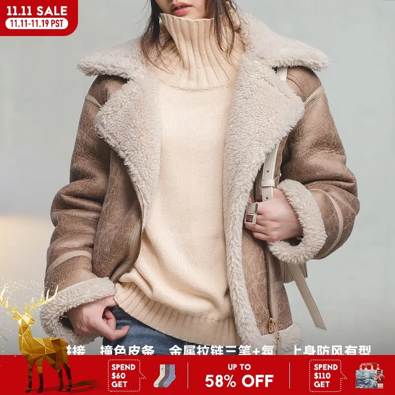 Maden เลียนแบบ Lamb FUR แจ็คเก็ตหนังฤดูใบไม้ร่วงฤดูหนาวแขนยาว Turn-Down COLLAR หนาฤดูหนาวเสื้อผู้หญิงเสื้อแจ็คเก็ตเครื่องบินทิ้งระเบิด