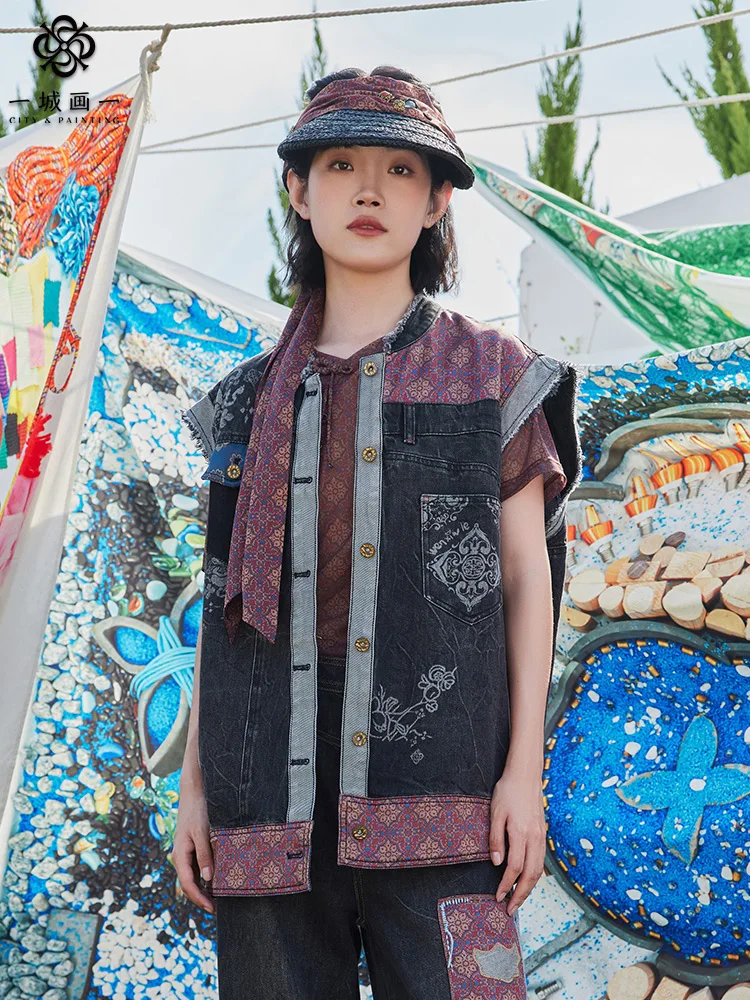 

Faionable Artistic Printed Loose Straight Cut Vest Jaet Summer Retro Trendy One Ci Painting One Cotton 00%