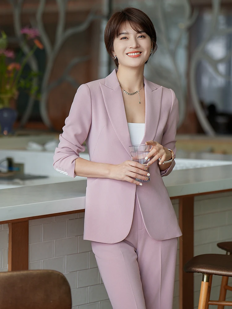 

Розовый модный женский деловой костюм-двойка для работы, профессиональная форменная одежда, весенняя новинка, полиэстер