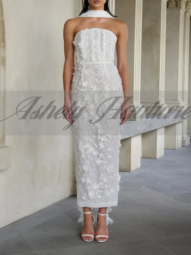 A3327 高級女性フォーマルイブニングドレスストラップレスフラワービーズシース足首丈結婚式のゲストパーティープロム行事カスタマイズ