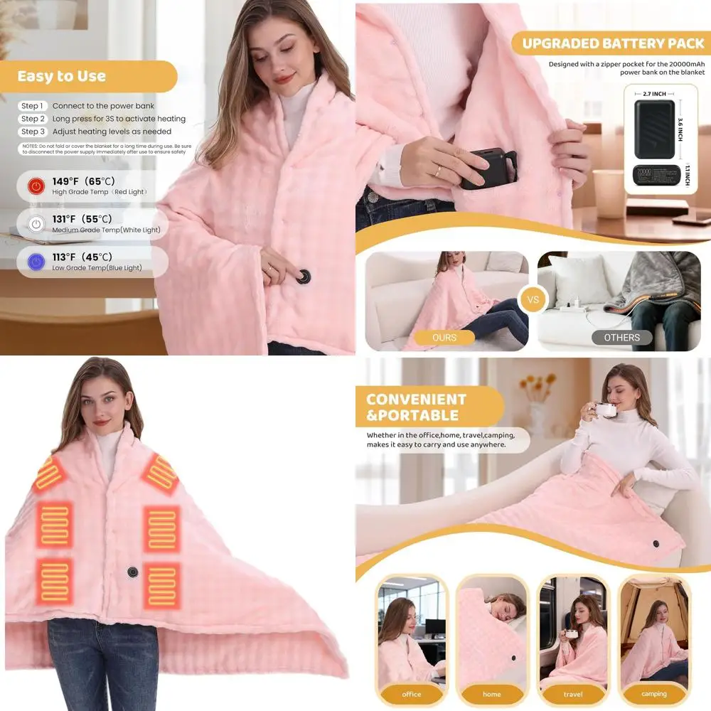 

Portable 20000mAh Battery Heated Blanket with 3 Temperature Settings, 59x35.5, Pink
