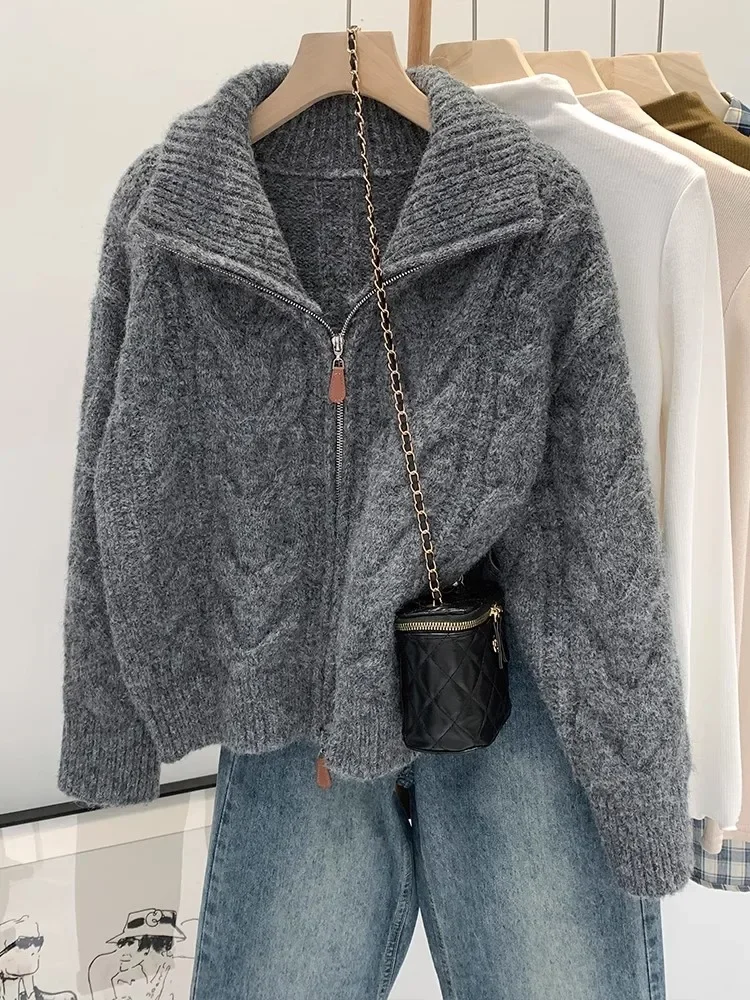 Retro Solid Double Zipper Turn-down Collar Sweater Women Lazy Style Loose Knitted Cardigan Thicken Loose Tops