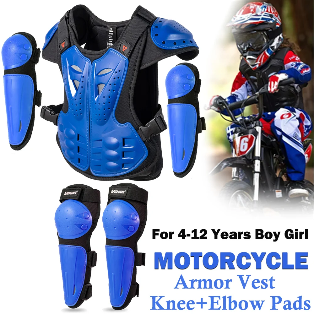 دراجة نارية درع سترة + أطفال الركبة وسادات الكوع مجموعات الأطفال الصدر الخلفي حامي درع للجسم الحرس سباق موتوكروس واقية