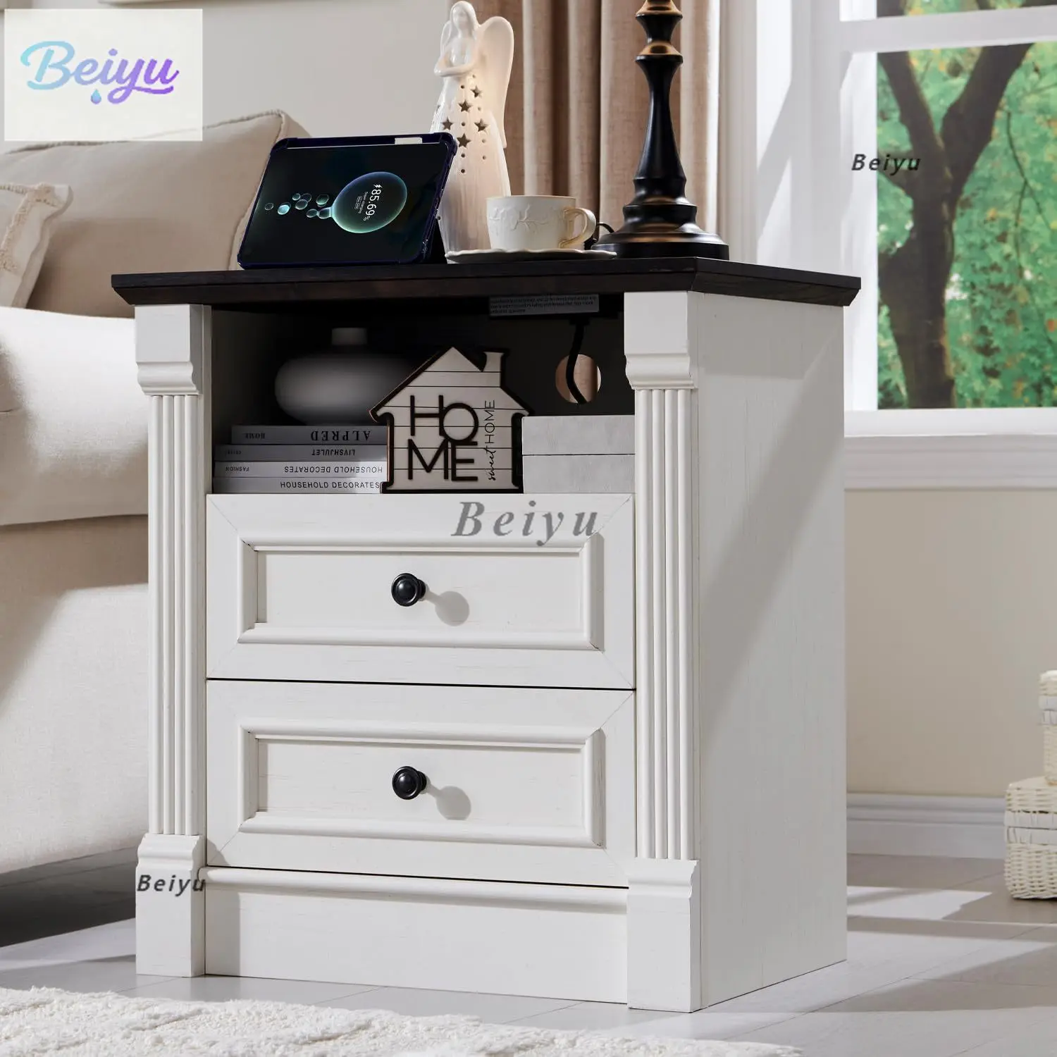 

Bedside table with charging station, wooden side table with open storage space, suitable for bedroom, living room