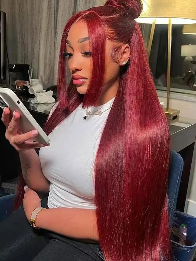 Borgogna Dritto 13x4 HD Veletta Frontale Parrucca Dei Capelli Umani 99J Rosso 13x6 Parrucche Anteriori Del Merletto Trasparente Colorato 220% Parrucca Dei Capelli Umani 100%