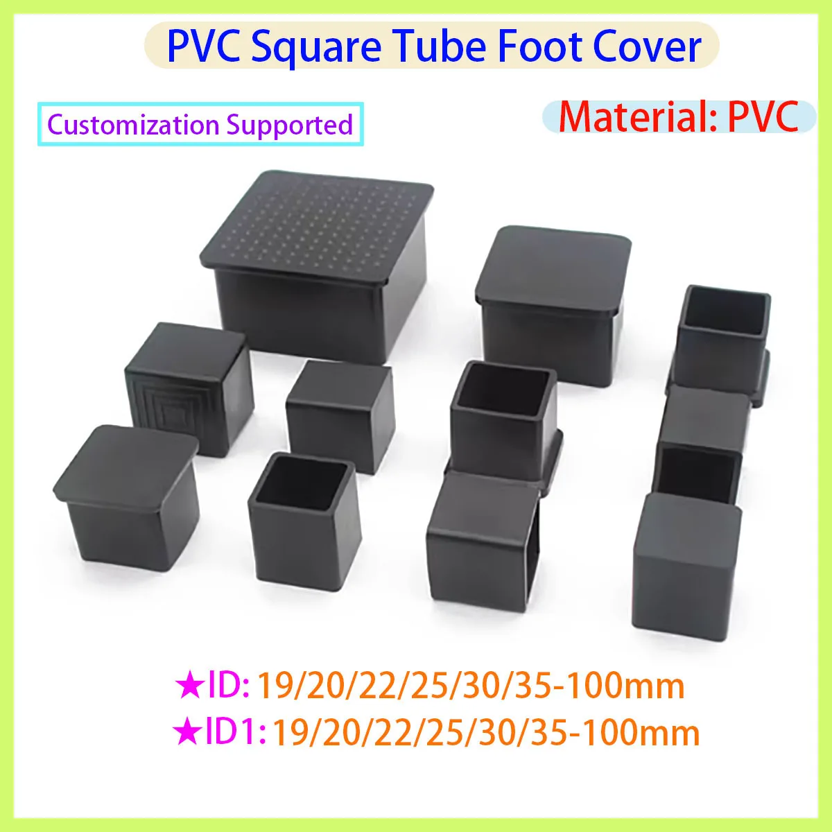 Black PVC Square/rectangular Soft Rubber Tube Cap, Table and Chair Foot Pad Protective Cover 10x10mm To 100x100mm