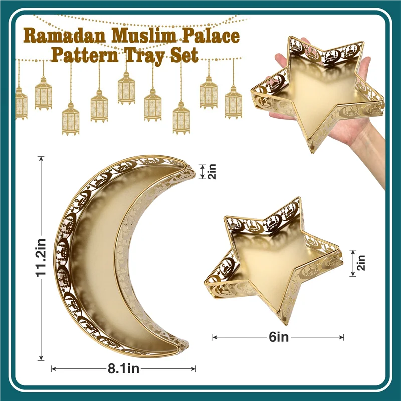 صواني TFORU-Ramadan ديكور حديد عيد مبارك نجمة القمر صواني تقديم الطعام الإسلامي