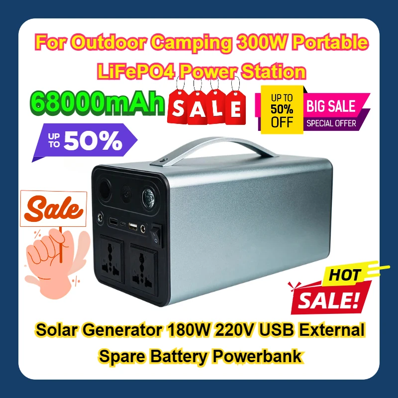 

For Outdoor Camping 300W Portable LiFePO4 Power Station 68000mAh Solar Generator 180W 220V USB External Spare Battery Powerbank