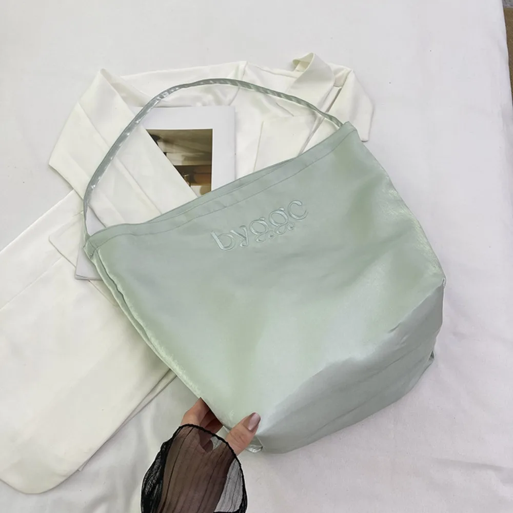 

Letter Embroidery Satin Tote Bag Large Capacity Lightweight Simple Shoulder Bag Handheld Bag Solid Color