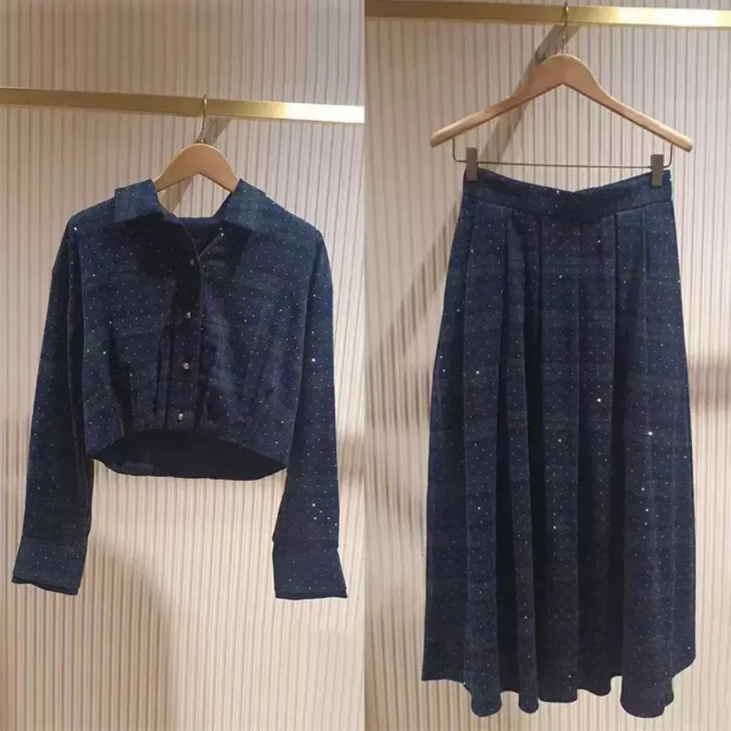 

Women Plaid Color Blocking Set Hot Rhinestone Turn-Down Collar Single Breasted Waist Long Sleeves Cinching Shirt + Midi Skirt