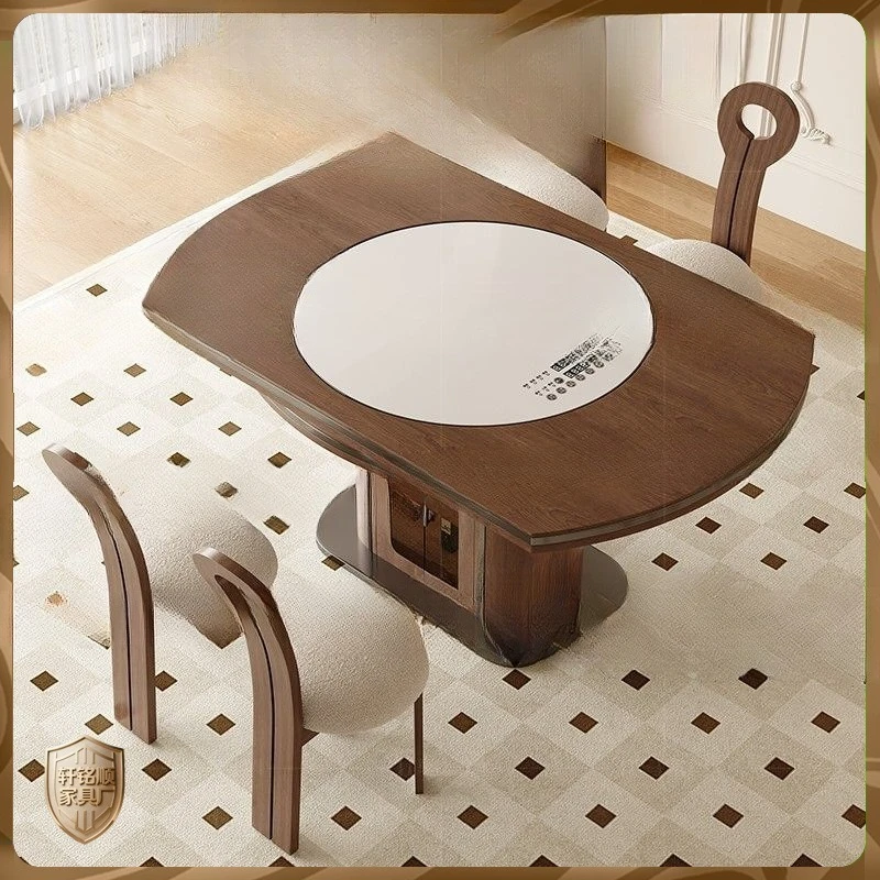Medieval solid wood dining table Household multi-functional, rotating turntable Round ash wood dining table and chairs