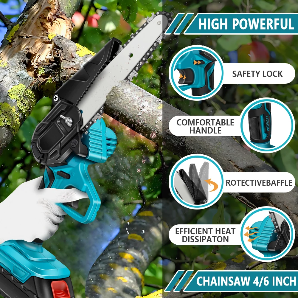 Mini Chainsaw 6 Inch Handheld Chain Saw with Security Lock & Auto Oiler System for Tree Branches, Courtyard, Household & Garden