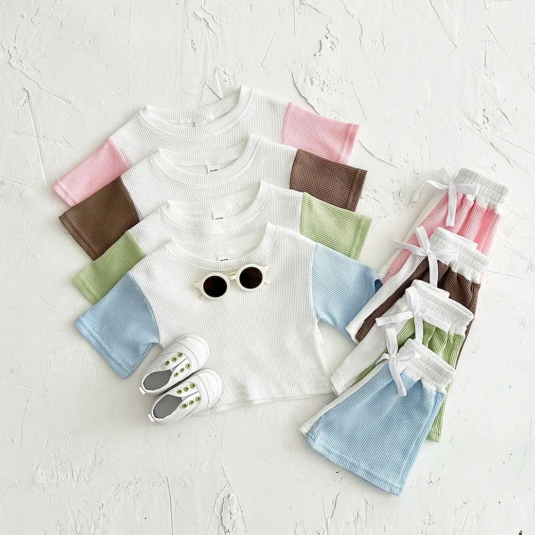 0-3Y Newborn Baby Girl Clothes Boys Sets Waffle Top Casual Short T-shirt+Shorts Sports Sets Splicing Colors Summer Baby Clothes