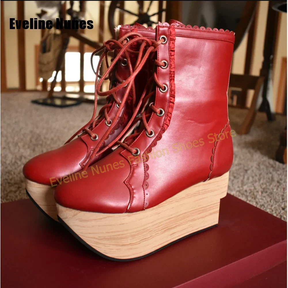 Scallop Ruffle Trim Decorate Street Style Shoes 2026 Faux Wood Sole Wedge Platform Mid Calf Boots Round Toe Lace Up Patchwork