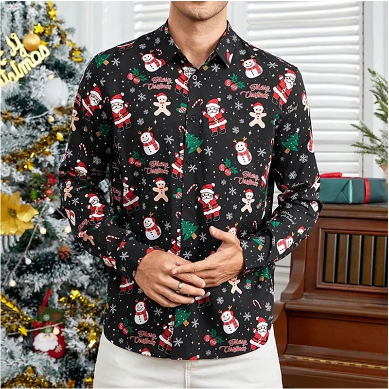 Christmas shirt snowman HD pattern high-quality fashion men\'s long sleeved shirt button designer design shirt men\'s lapel plus s