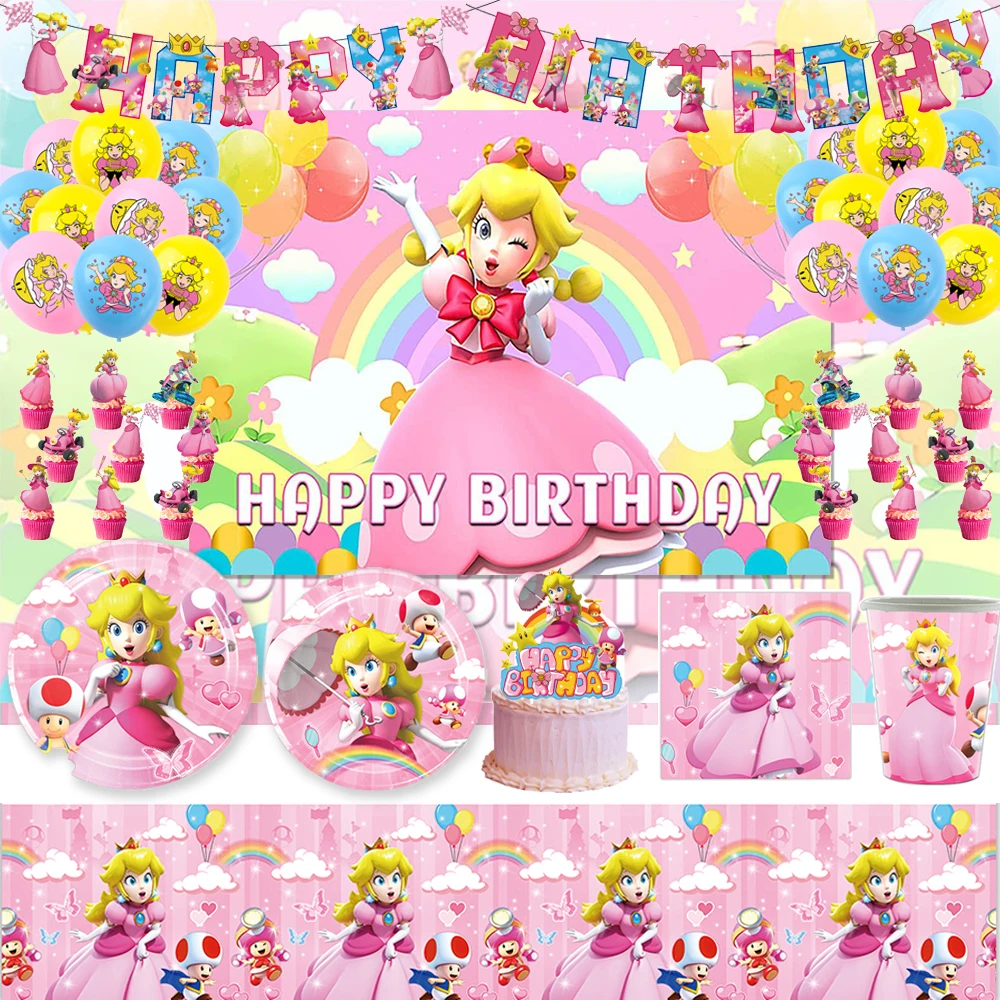 Décorations de fête d'anniversaire pour fille, thème princesse pêche, ensemble de vaisselle jetable rose, bannière à ballons, fournitures de réception-cadeau pour bébé