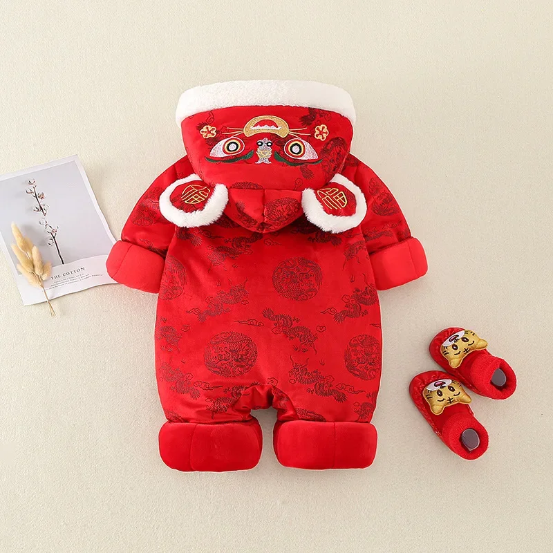 Traditional Festival Baby Chinese New Year Red Clothes Girls Boys Tang Suit Winter One-piece Rompers Tiger Hat Outfits Gift Set