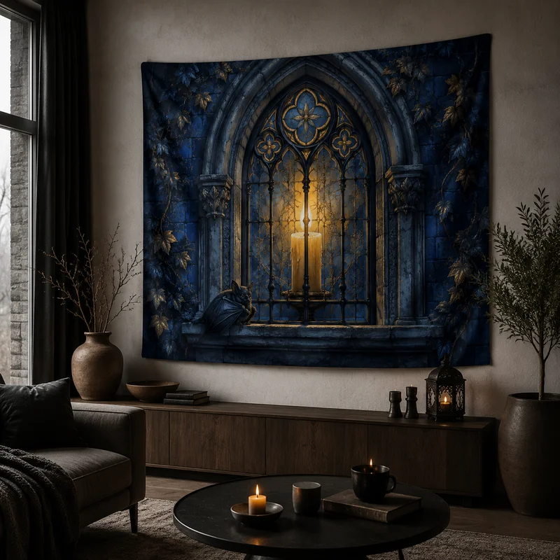 VIKAMA Vintage Castle Window Tapestry, Blue Vine Gothic Arch Window Wall Hanging, Halloween Bedroom Wall Decoration