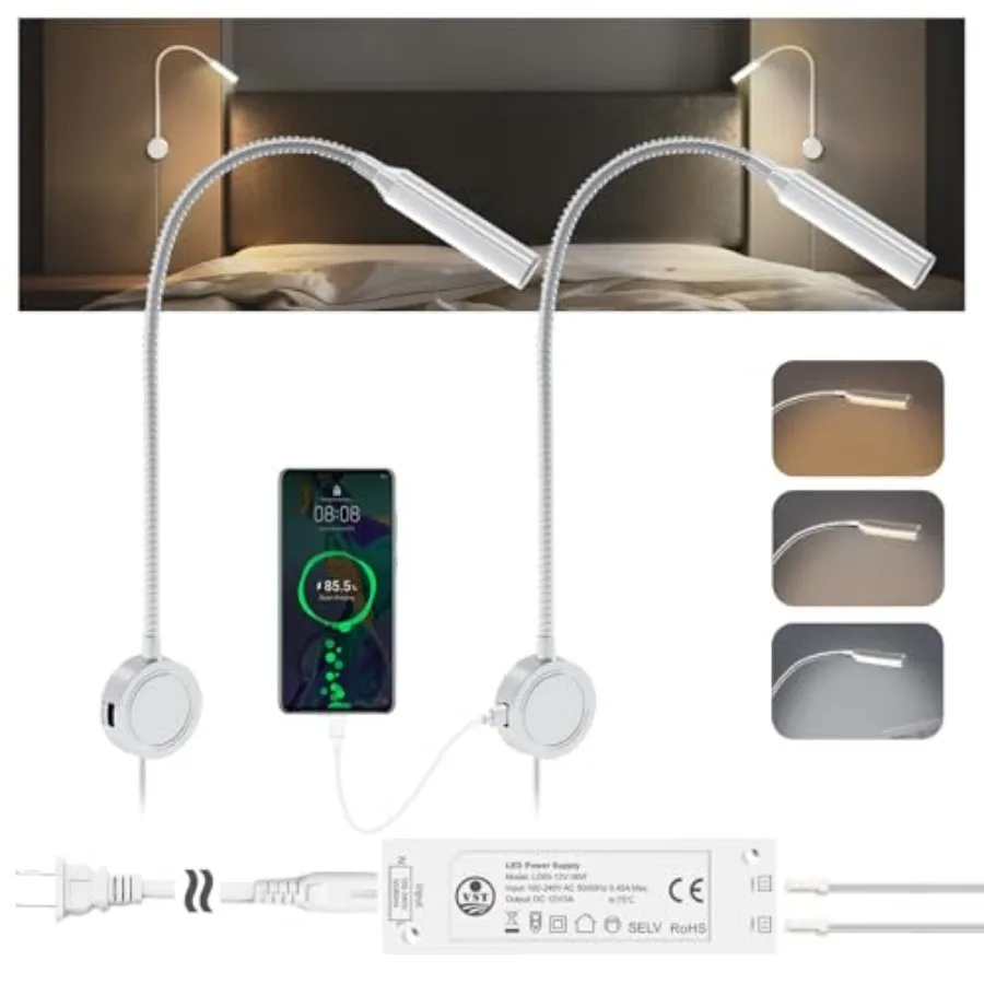 

VST Books Lights for Headboard Bedside Wall Mounted Reading Lamp Reading Light Touch to Adjust Color Temp 3000K/4000K/6000K and